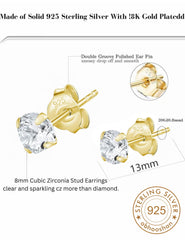 18k Gold Plated 925 Sterling Silver pair of Round 8mm Single Stone White CZ Unisex Stud Earrings
