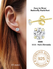 18k Gold Plated 925 Sterling Silver pair of Round 8mm Single Stone White CZ Unisex Stud Earrings