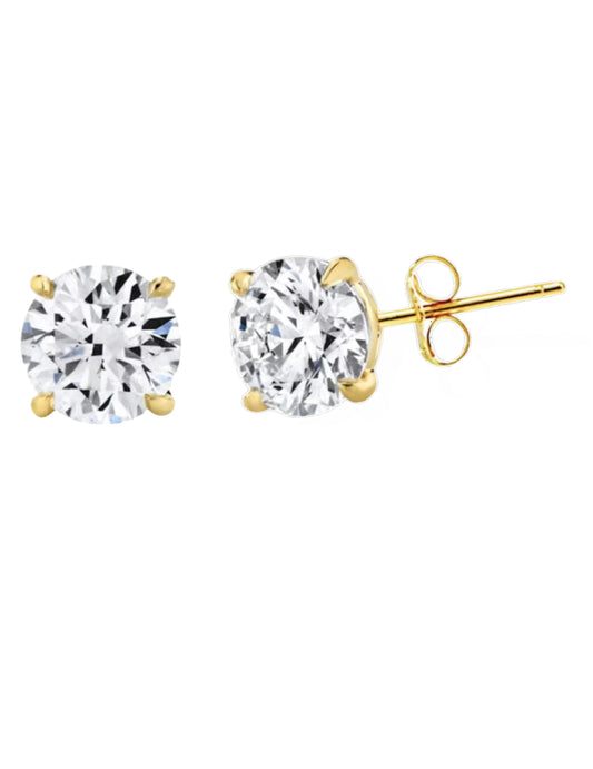 18k Gold Plated 925 Sterling Silver pair of Round 9mm Single Stone White CZ Unisex Stud Earrings
