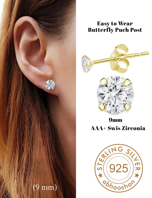 18k Gold Plated 925 Sterling Silver pair of Round 9mm Single Stone White CZ Unisex Stud Earrings