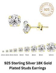 18k Gold Plated 925 Sterling Silver pair of Round 9mm Single Stone White CZ Unisex Stud Earrings