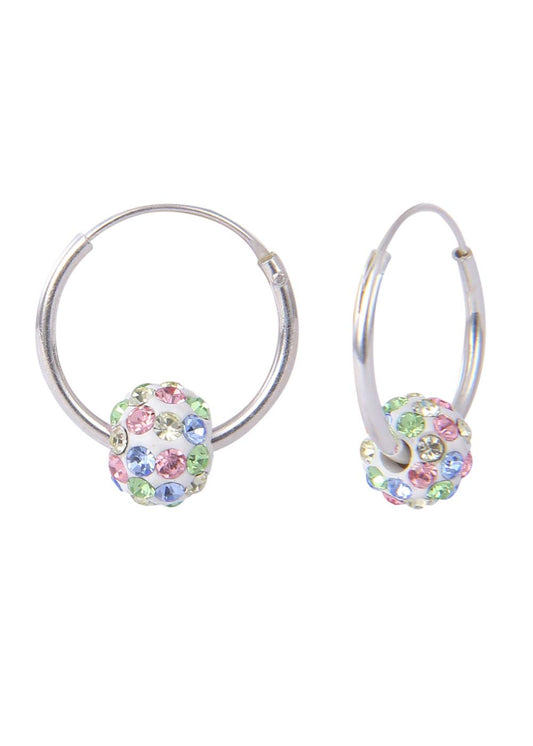 92.5 Sterling Silver 14 mm Hoop Earring with Multi Color Crystals Balls