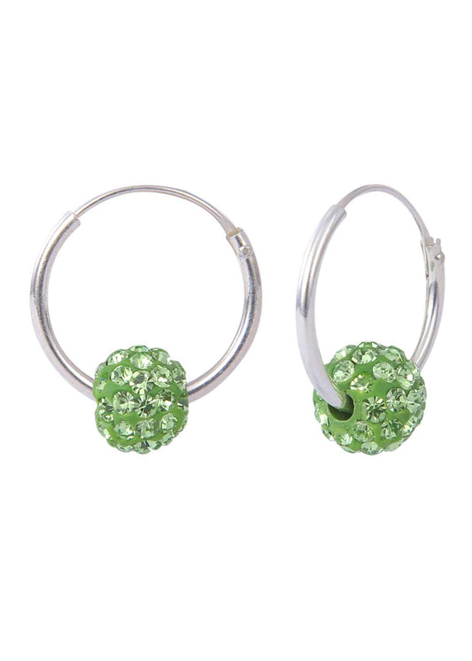 92.5 Sterling Silver 14 mm Hoop Earring with Green Crystals Balls