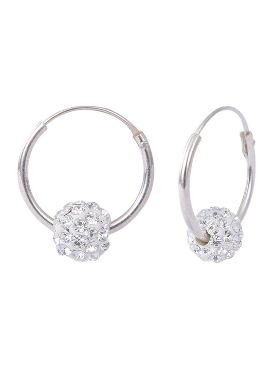 92.5 Sterling Silver 14 mm Hoop Earring with White Crystals Balls