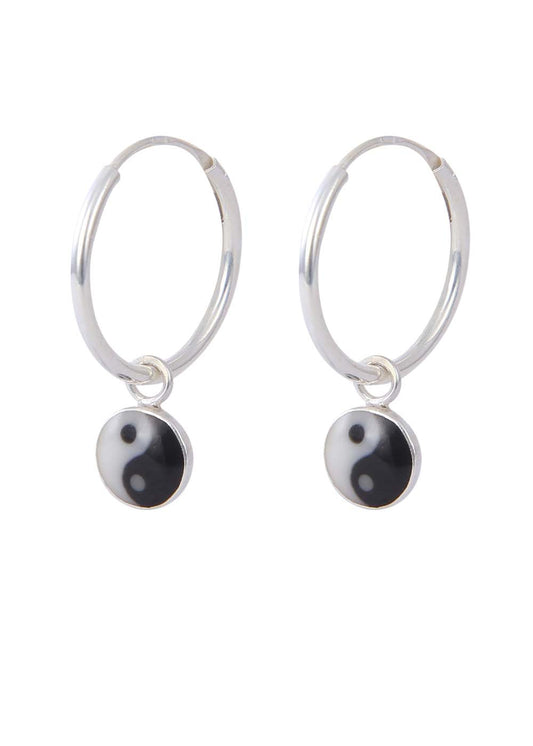 92.5 Sterling Silver 14 mm Hoops with Yin Yang Design