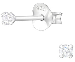 925 Sterling Silver pair of Square shape 2mm Single White Cz Unisex Stud Earrings