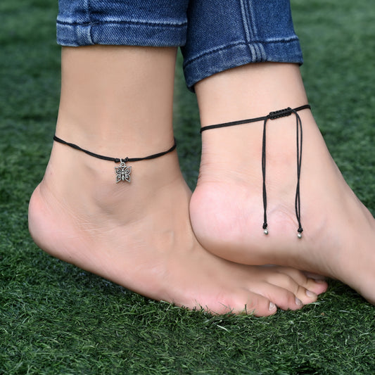 Trendy Butterfly Anklet with Black Thread