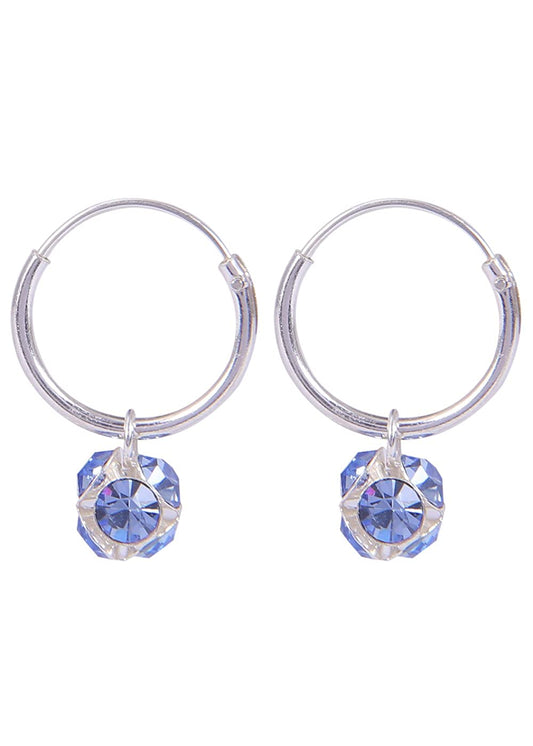 Sterling Silver Blue Cubic Zirconia Hanging Balls in 10 mm Silver Hoops