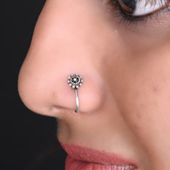 Oxidized Flower Light Weighted Clip on Nose Pin in 92.5 Silver