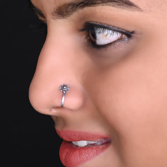 Oxidized Flower Clip on Nose Pin in 92.5 Silver