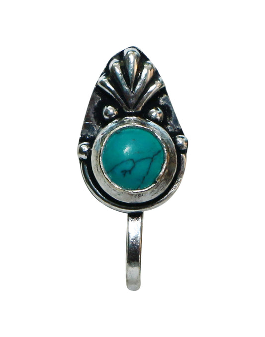 Turquoise Oxidized Clip On Press On Nose Pin in Silver Alloy