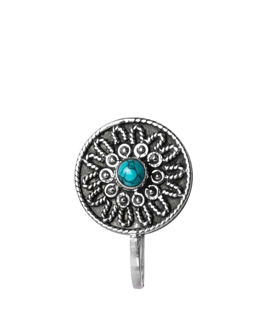 Flower Oxidized 92.5 Sterling Silver Nose Pin with Turquoise
