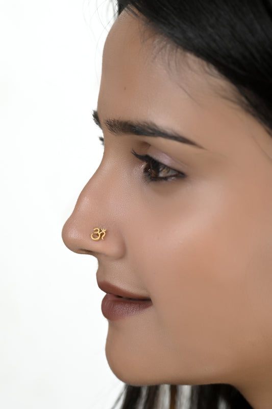 18k Gold Plated OM Nose Pin with wire in 92.5 Sterling Silver for Women and Girls