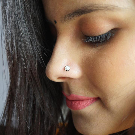 Designer Nose Pin in 92.5 Sterling Oxidized Silver and Pearl