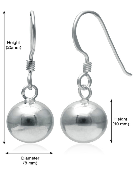 Designer 8 mm Round Ball Earrings in Pure 92.5 Sterling Silver Ear Wire