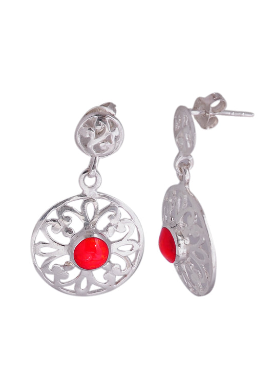 925 Sterling Silver Handmade Dangler Hanging Earrings with Red Coral Stone