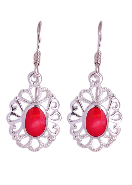 925 Sterling Silver Handmade Dangler Hanging Earrings with Red Coral Stone