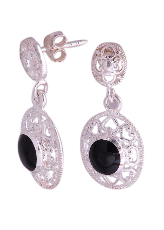 925 Sterling Silver Handmade Dangler Hanging Earrings with Black Onyx Stone