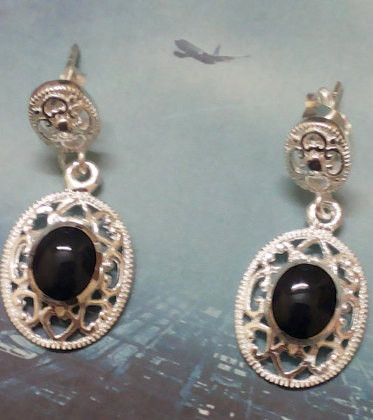 925 Sterling Silver Handmade Dangler Hanging Earrings with Black Onyx Stone