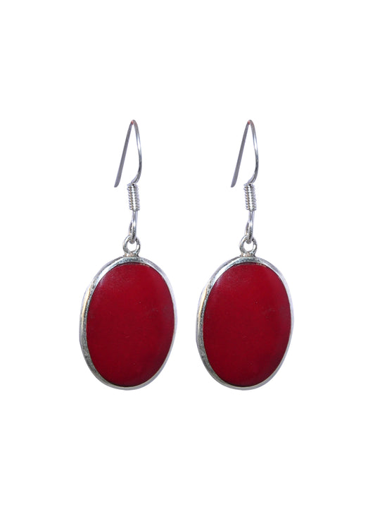 925 Sterling Silver Handmade Dangler Hanging Earrings with Oval Red Coral Stone