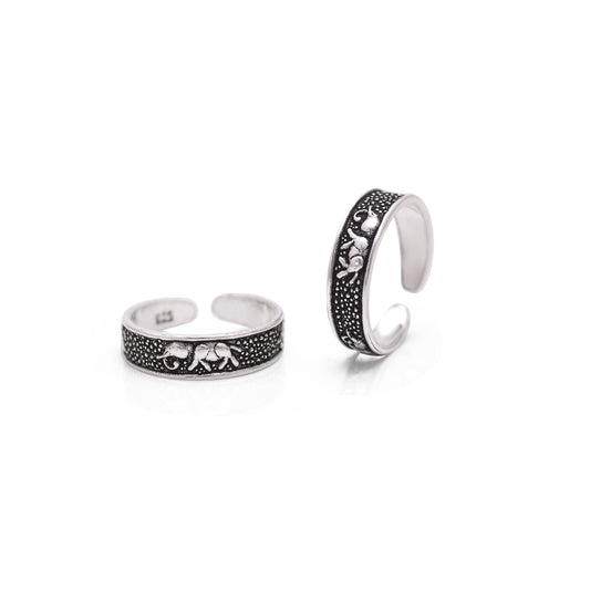 Pair of Elephant Oxidized 925 Silver Toe Rings Bichiya