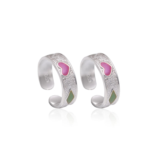 Cute pair Heart Engraved Enamel Toe Rings Bichiya in 925 Sterling Silver