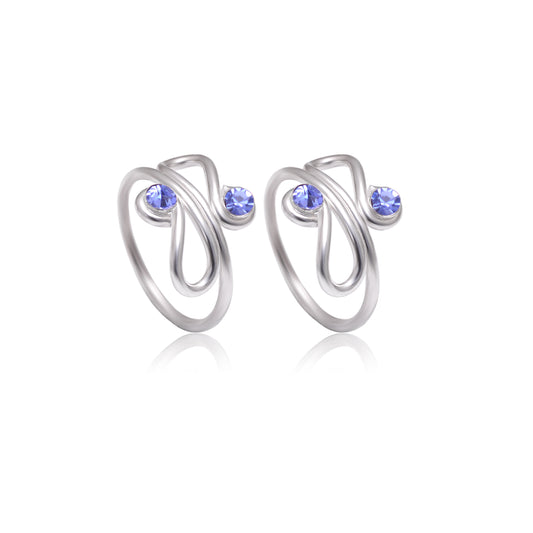 Pair of designer Adjustable Toe rings in Blue Cubic Zirconia in 925 Silver