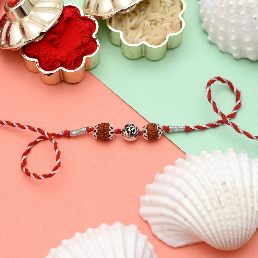 Combo of Silver Alloy Rudraksh Om Thread Rakhi for Bhaiya Bhabhi Couple Rakhi - Bangles And Bracelets