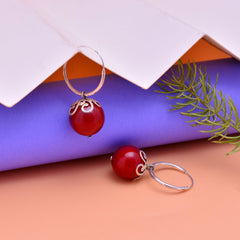 Designer Hanging Earrings with Red Shell Pearl in Hoop in 92.5 Sterling Silver - Danglers