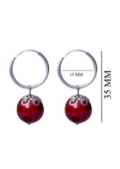 Designer Hanging Earrings with Red Shell Pearl in Hoop in 92.5 Sterling Silver - Danglers