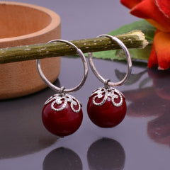 Designer Hanging Earrings with Red Shell Pearl in Hoop in 92.5 Sterling Silver - Danglers