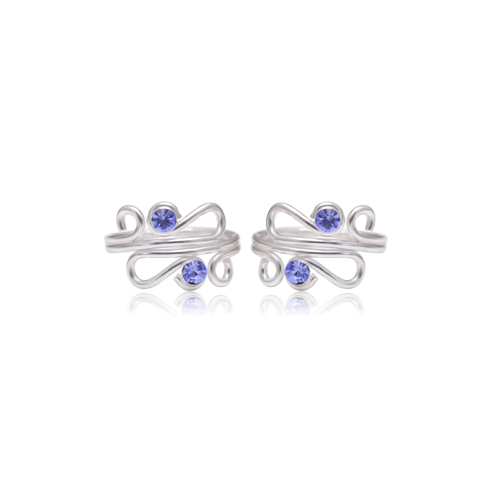 Pair of designer Adjustable Toe rings in Blue Cubic Zirconia in 925 Silver - Toe Rings