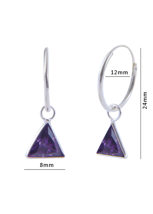 Designer Pair of Dark Purple Triangle shape Cz Earring in 92.5 Sterling Silver 12 MM Hoop
