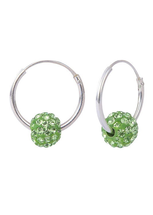 92.5 Sterling Silver 12 mm Hoop Earring with Green Color Crystals Balls
