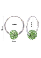 92.5 Sterling Silver 12 mm Hoop Earring with Green Color Crystals Balls
