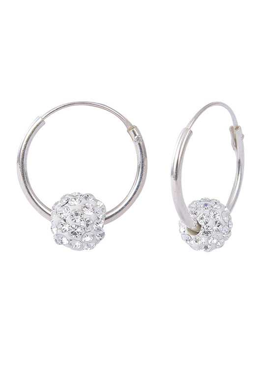 92.5 Sterling Silver 12 mm Hoop Earring with White Crystals Balls