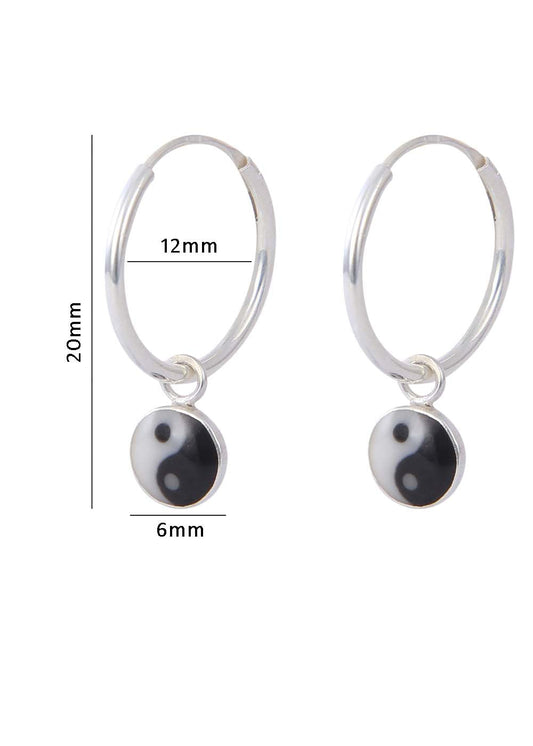 92.5 Sterling Silver 12 mm Hoops with Yin Yang Design