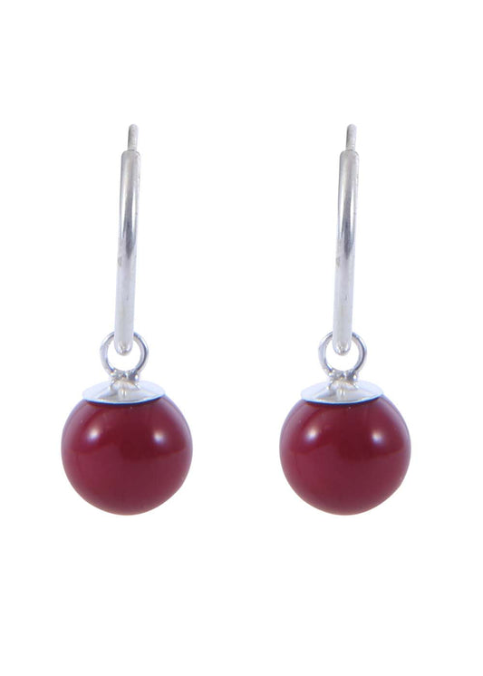 Pair of Red colour Pearl Hangingsin 92.5 Sterling Silver 12 MM Hoop
