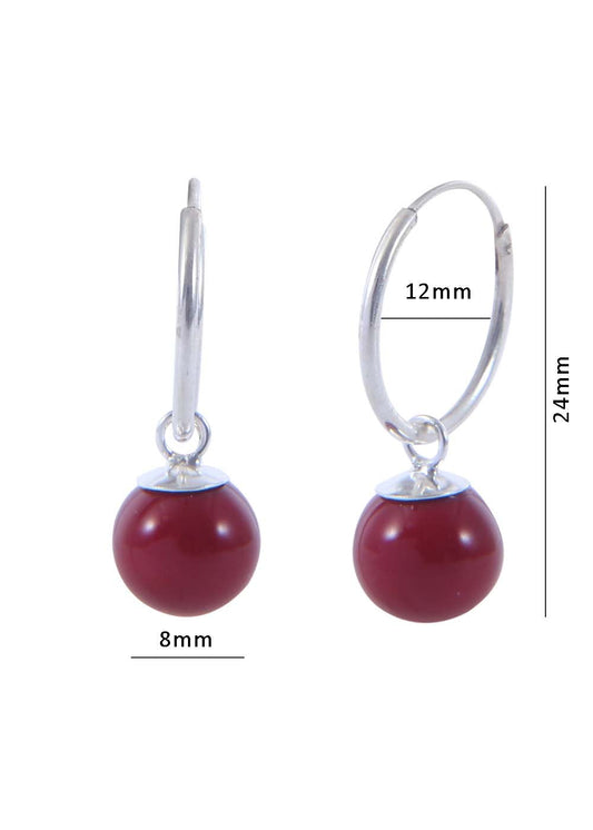 Pair of Red colour Pearl Hangingsin 92.5 Sterling Silver 12 MM Hoop