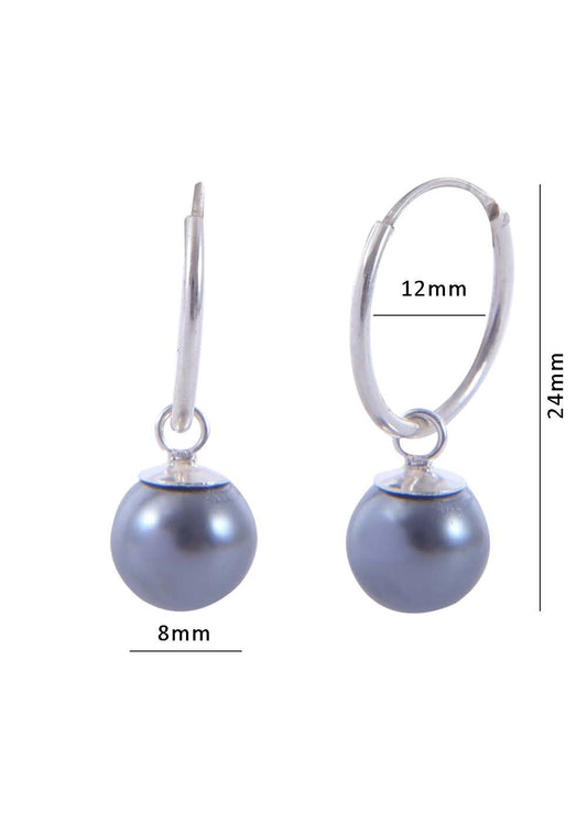 Pair of Steel Grey colour Pearl Hangingsin 92.5 Sterling Silver 12 MM Hoop