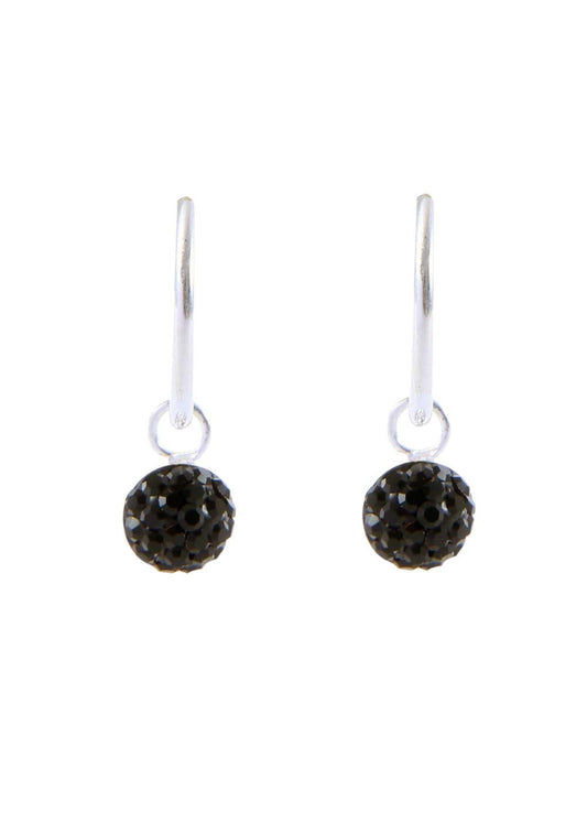Pure 92.5 Sterling Silver 12 mm Hoop Earring with Black Crystals Balls