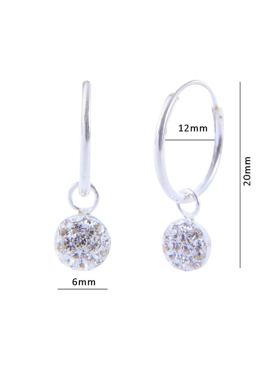 Pure 92.5 Sterling Silver 12 mm Hoop Earring with White Crystals Balls