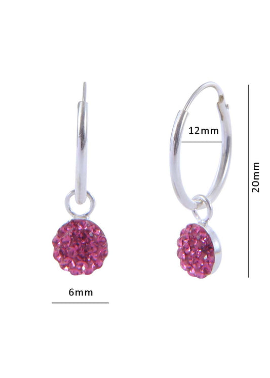 Pure 92.5 Sterling Silver 12 mm Hoop Earring with Pink Crystals Balls for Girls