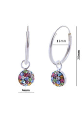 Pure 92.5 Sterling Silver 12 mm Hoop Earring with Multi Color Crystals Balls