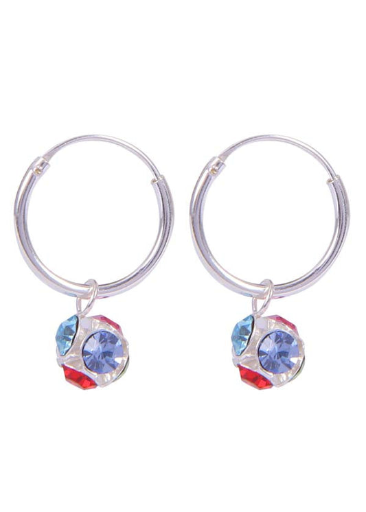 Sterling Silver Multi Color Cubic Zirconia Hanging Balls in 12 mm Silver Hoops