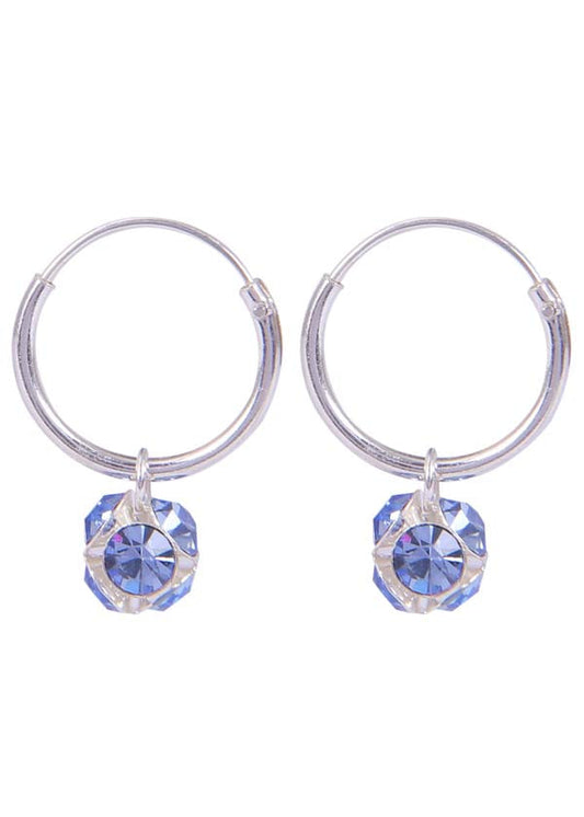 Sterling Silver Blue Cubic Zirconia Hanging Balls in 12 mm Silver Hoops