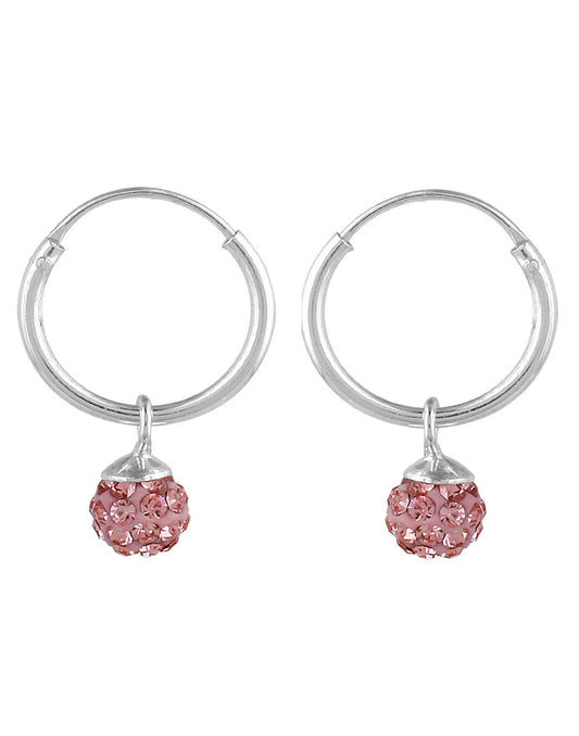 Sterling Silver Pink Cubic Zirconia Hanging Balls in 12 mm Silver Hoops