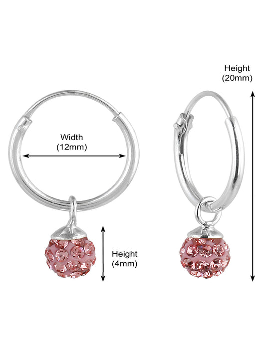 Sterling Silver Pink Cubic Zirconia Hanging Balls in 12 mm Silver Hoops