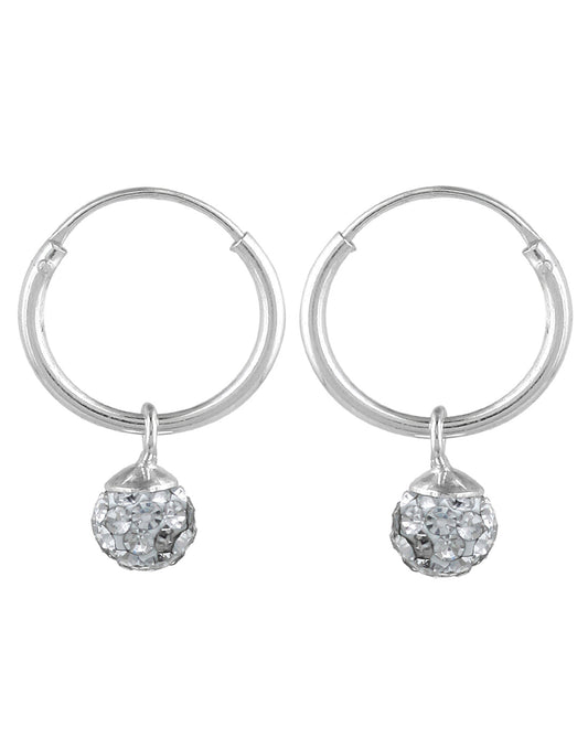 Sterling Silver White Cubic Zirconia Hanging Balls in 12 mm Silver Hoops