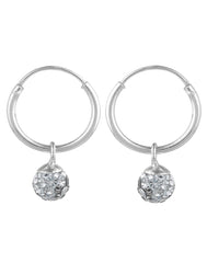 Sterling Silver White Cubic Zirconia Hanging Balls in 12 mm Silver Hoops